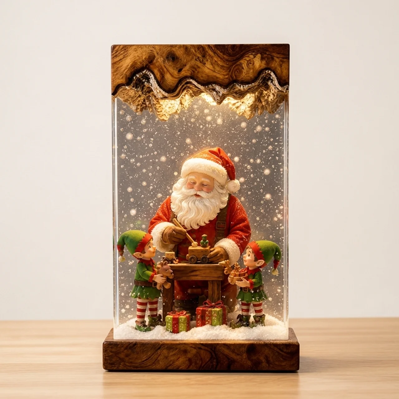Handcrafted Santa's Workshop Christmas resin lamp on a wood base, lit from within