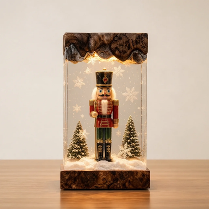 Handcrafted Nutcracker Christmas resin lamp on a wood base, lit from within